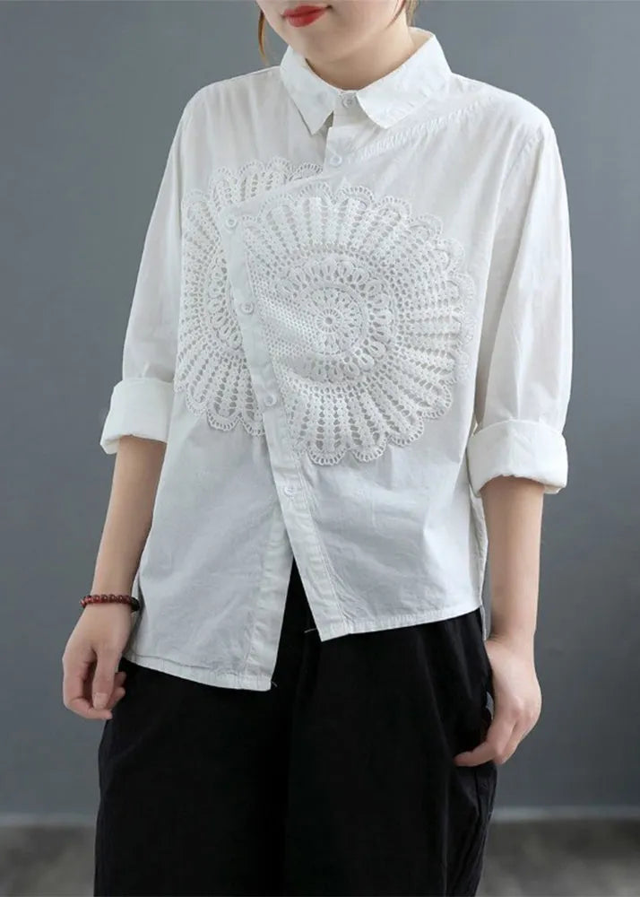 Classy White Asymmetrical Patchwork Lace Shirt Spring
