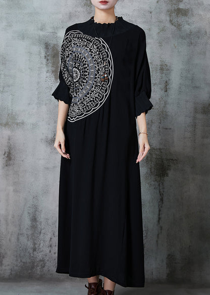 Unique Black Oversized Cotton Maxi Dresses Batwing Sleeve Fall