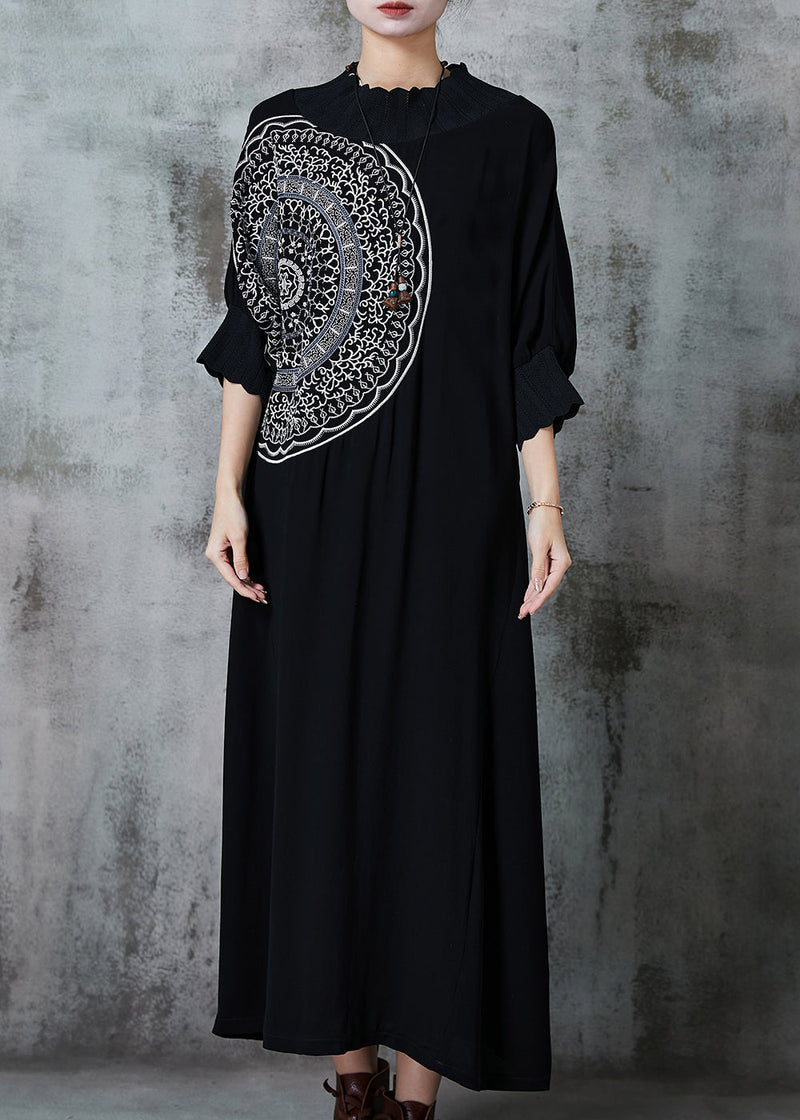 Unique Black Oversized Cotton Maxi Dresses Batwing Sleeve Fall