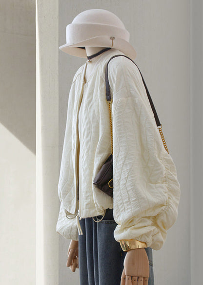 Beige Zip Up Drawstring Loose Cotton Jackets Lantern Sleeve