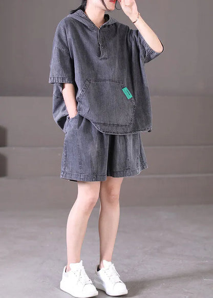 Dark Grey Hooded Elastic Waist Pockets Cotton Denim Two Piece Set Outfits Summer