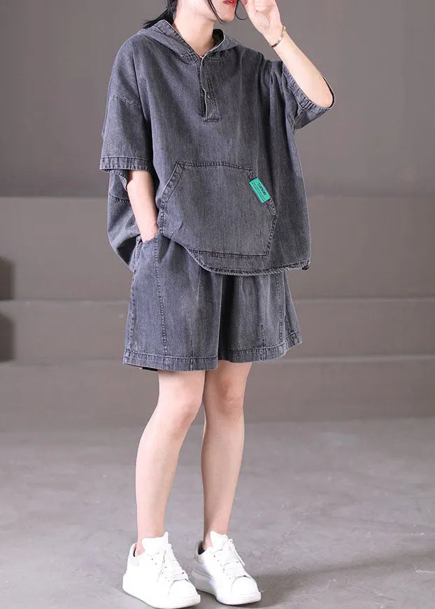 Dark Grey Hooded Elastic Waist Pockets Cotton Denim Two Piece Set Outfits Summer