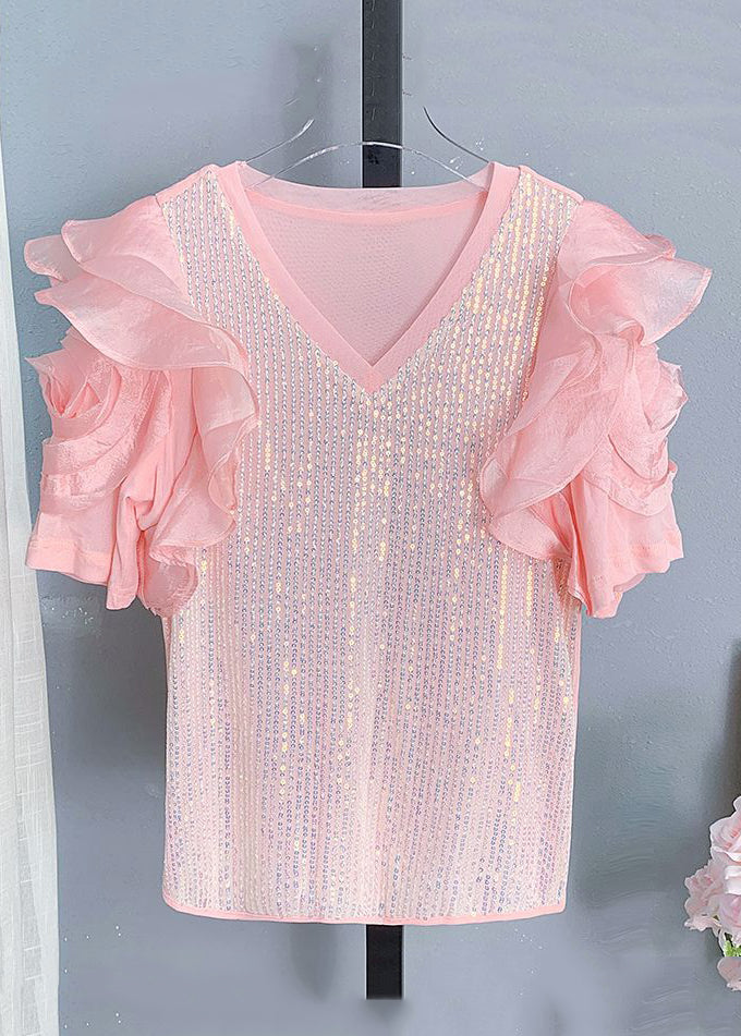 Black V Neck Sequins Patchwork Chiffon T Shirt Summer