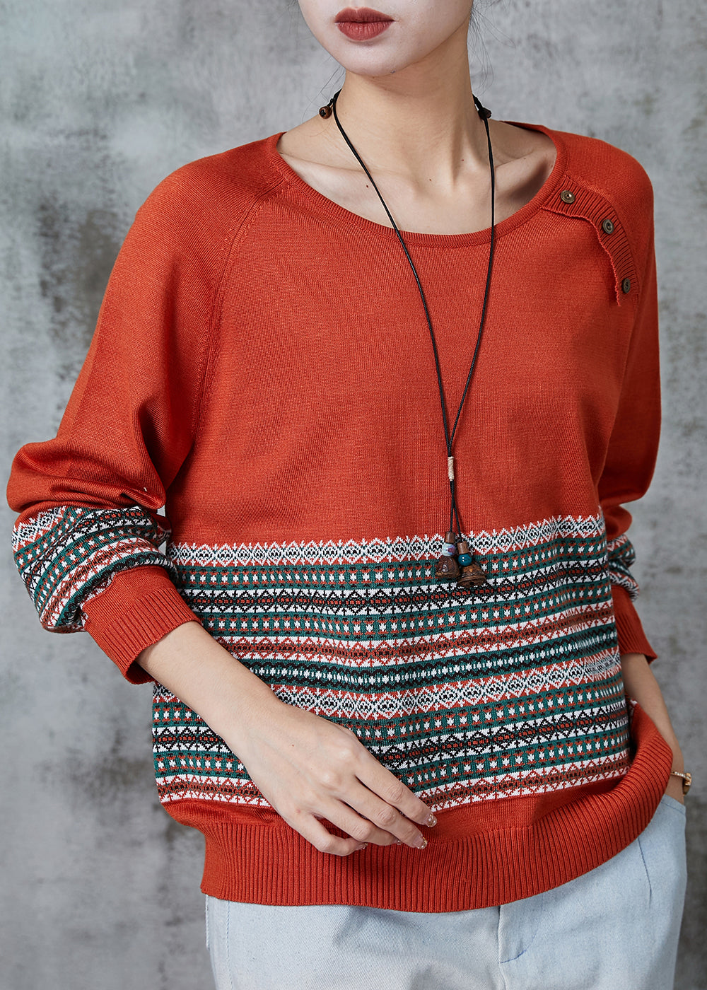 Orange Striped Knitted Tops O-neck Oversized Spring