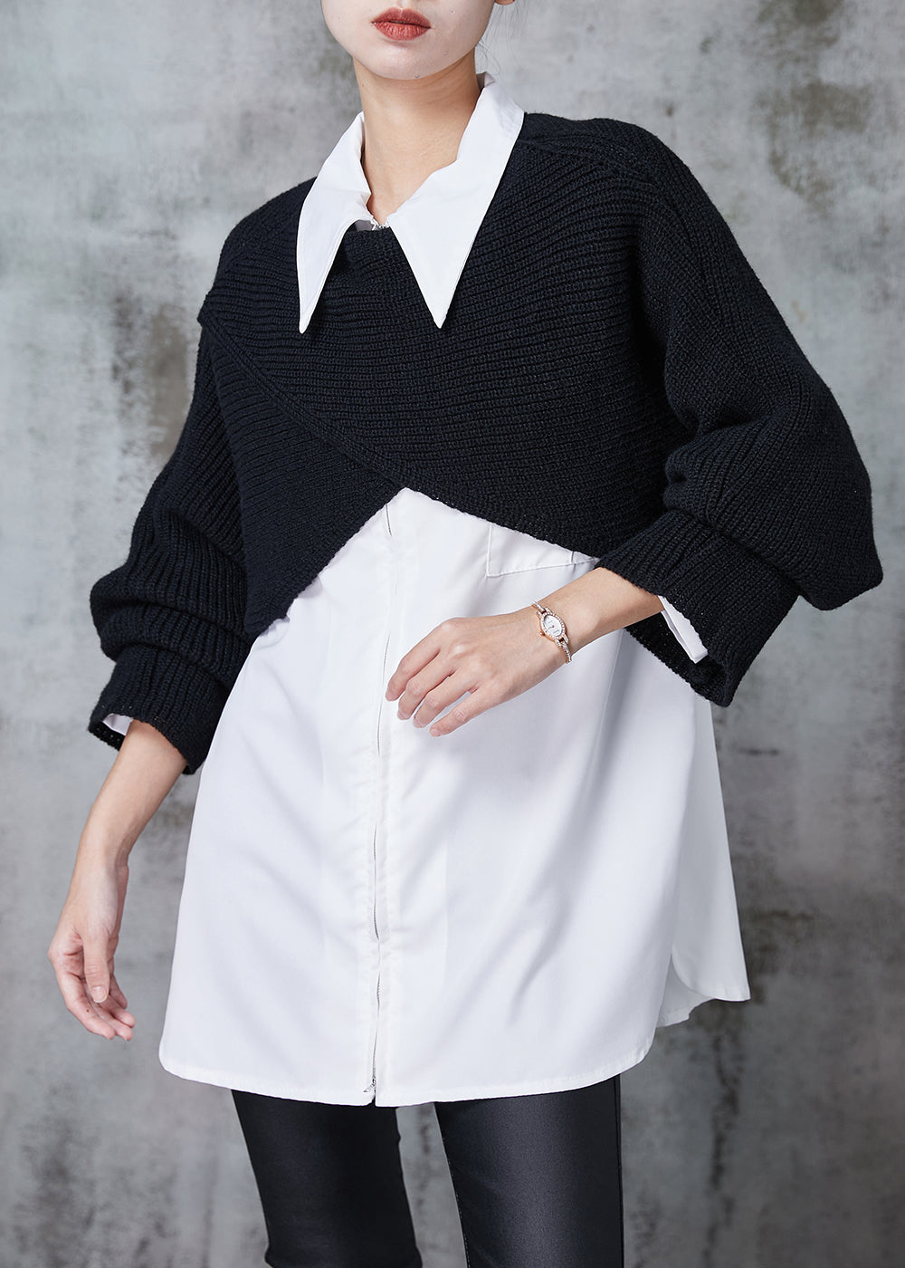 French Black Asymmetrical Design Knit Two Piece Set Clothing Spring