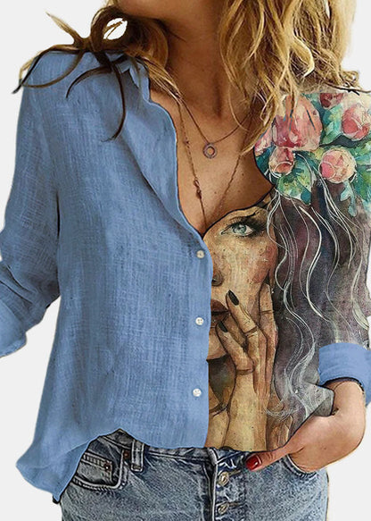 Blue Button Peter Pan Collar Linen Shirts Long Sleeve