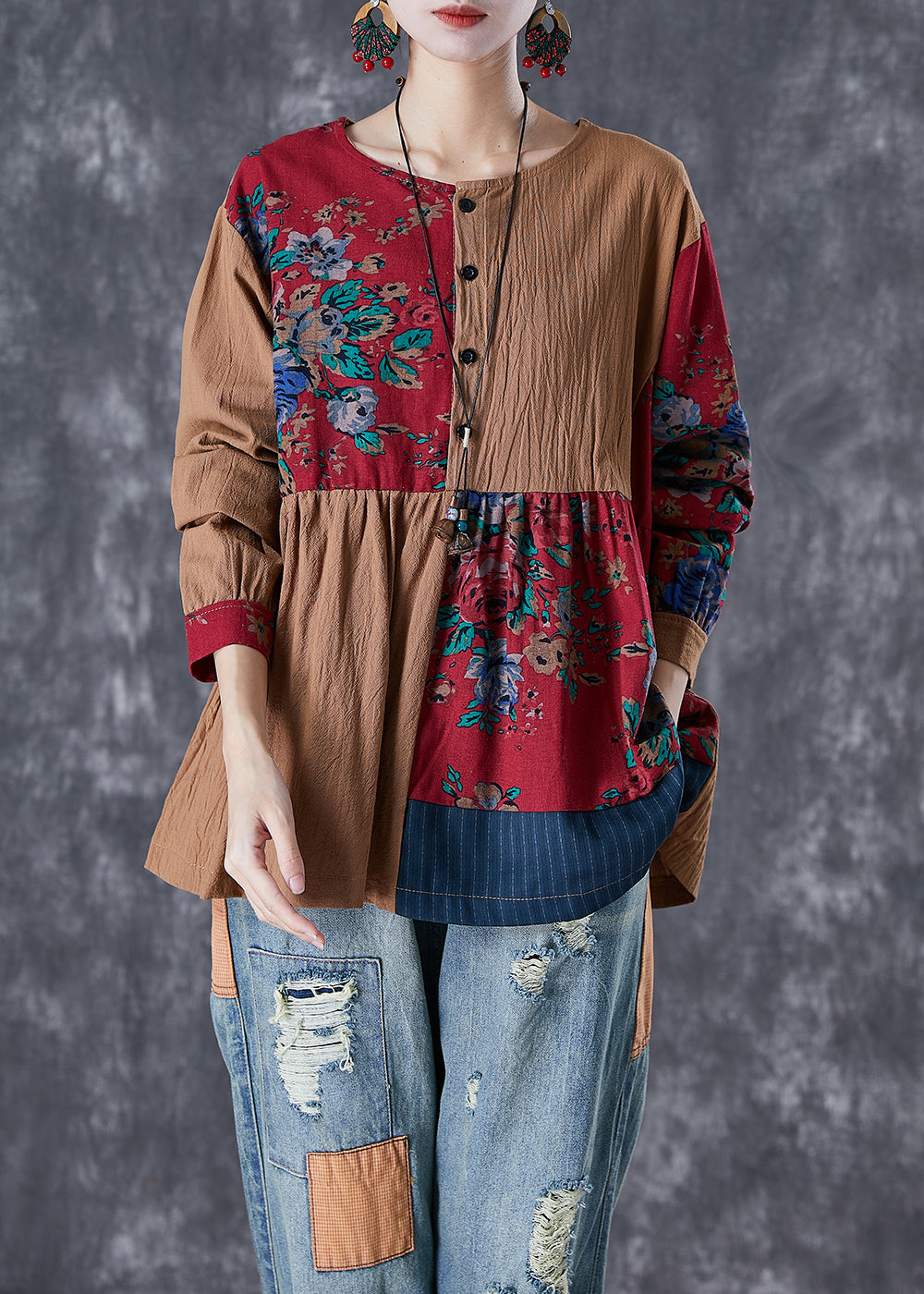 Colorblock Oversized Patchwork Linen Top Fall
