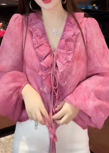 French Pink Tie Lace Top Lantern Sleeve
