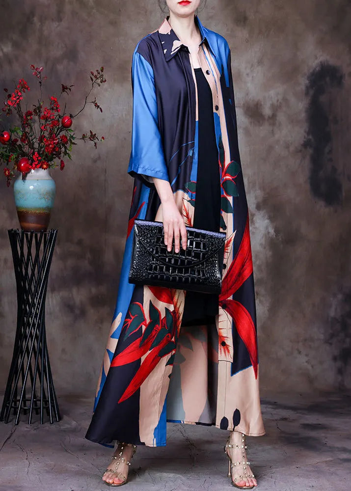 Blue Black Peter Pan Collar Print Silk Long Shirt Bracelet Sleeve