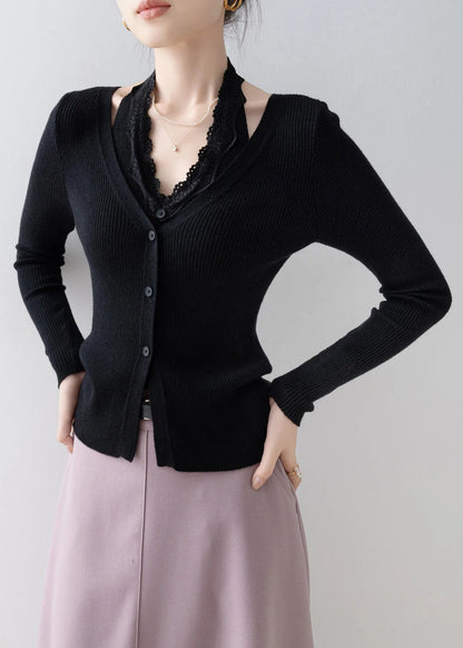 Boutique Black Lace Patchwork False Two Pieces Knitted Tops Spring