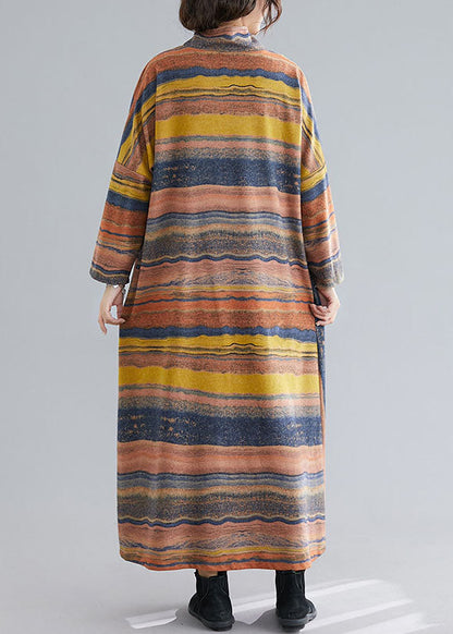 Green Turtle Neck Patchwork Striped Cotton Ankle Dress Spring