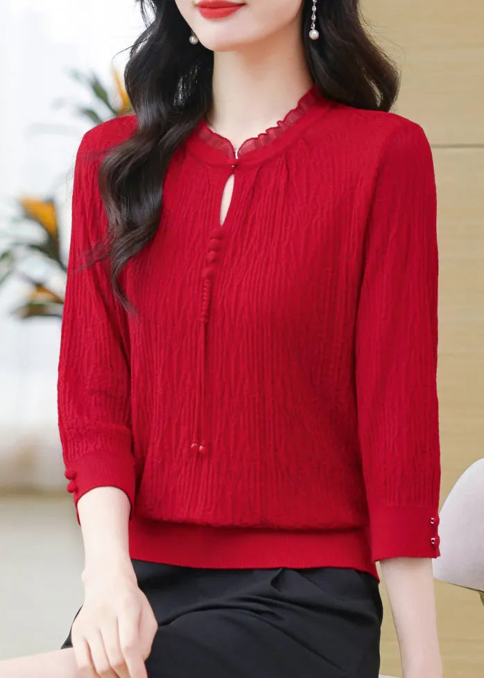 Simple Green O-neck Button Knit T Shirt Bracelet Sleeve Fall