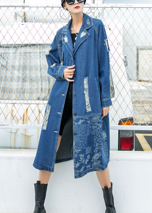 Blue Peterpan Collar Button Pockets Print Hole Fall Long Sleeve Trench Coat