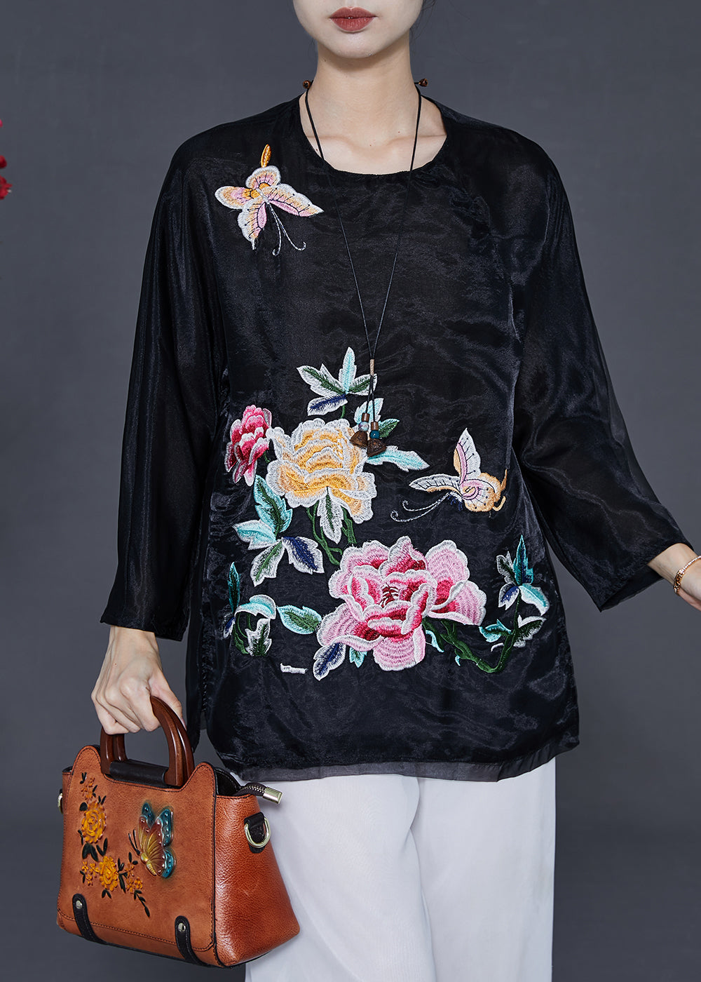 Black Organza Shirt Tops Embroidered Butterfly Summer