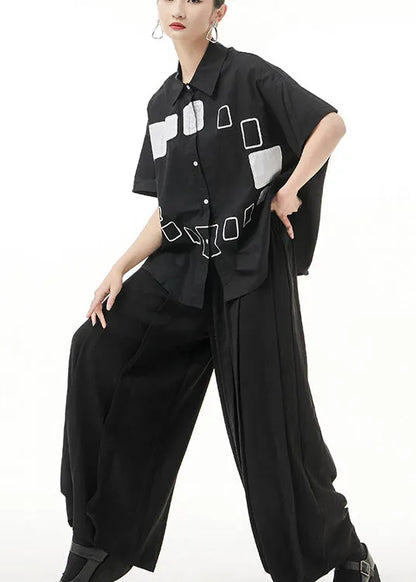 Black Peter Pan Collar Print Shirt Tops Short Sleeve