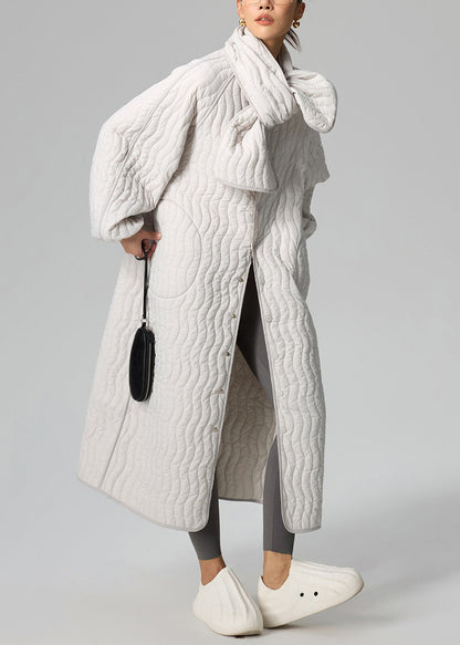 Loose Light Grey Button Scarf and Long Parka Cotton Filled Two Pieces Set Winter