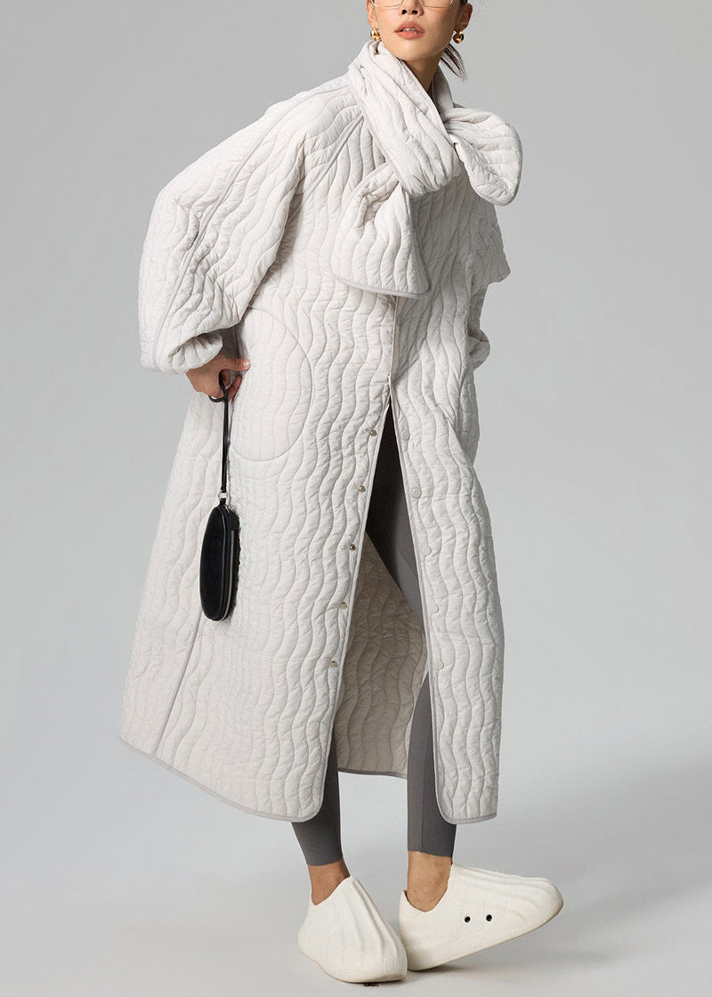 Loose Light Grey Button Scarf and Long Parka Cotton Filled Two Pieces Set Winter