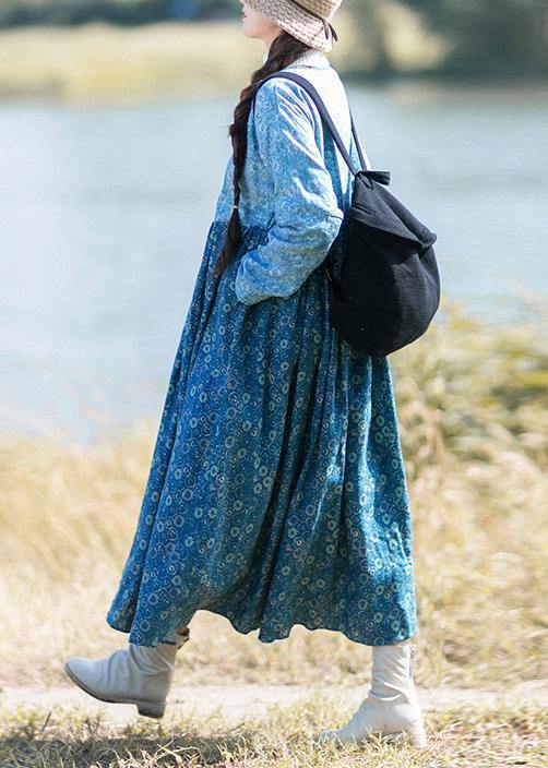 Loose Blue Print Robes V-neck Patchwork Spring Dresses