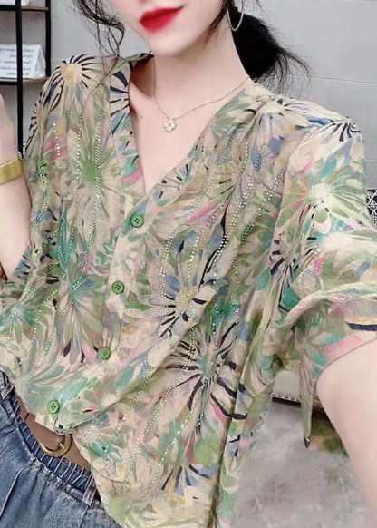 Green V Neck Button Diamonds Print Chiffon Shirt Top Short Sleeve