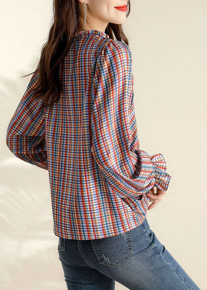 Ruffled Plaid Blouse Tops Spring