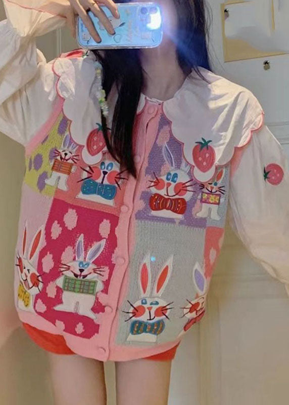 Animal Print Button Pink Cotton Knit Waistcoat and White Shirts Two Pieces Set Long Sleeve