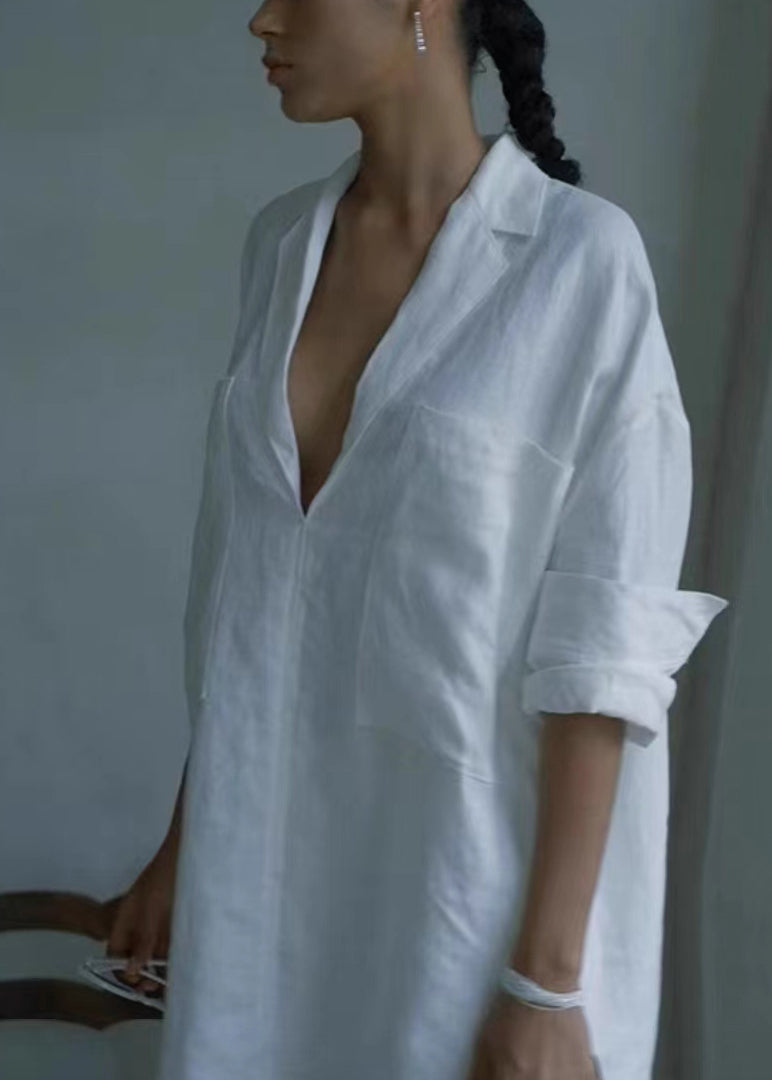 White V Neck Cotton Mid Shirts Dress Long Sleeve Summer
