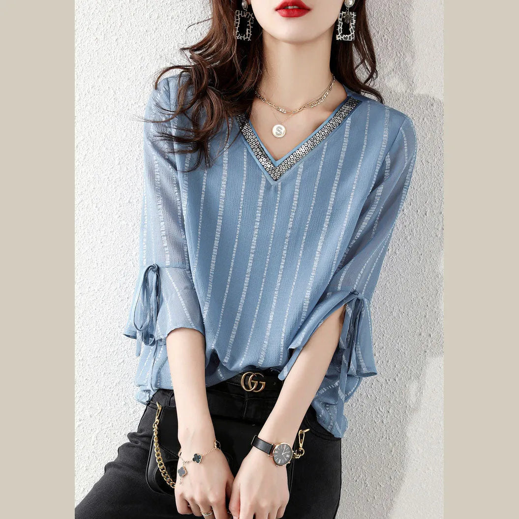 Sky Blue Sequins V Neck Jacquard Chiffon Shirt Half Sleeve