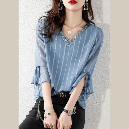Sky Blue Sequins V Neck Jacquard Chiffon Shirt Half Sleeve