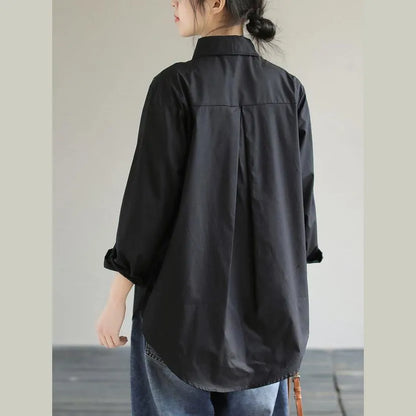 Classy Lapel Patchwork Knit Fabric Spring Black Blouse