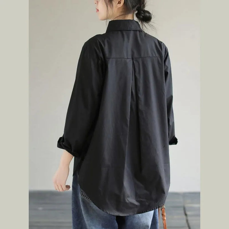 Classy Lapel Patchwork Knit Fabric Spring Black Blouse