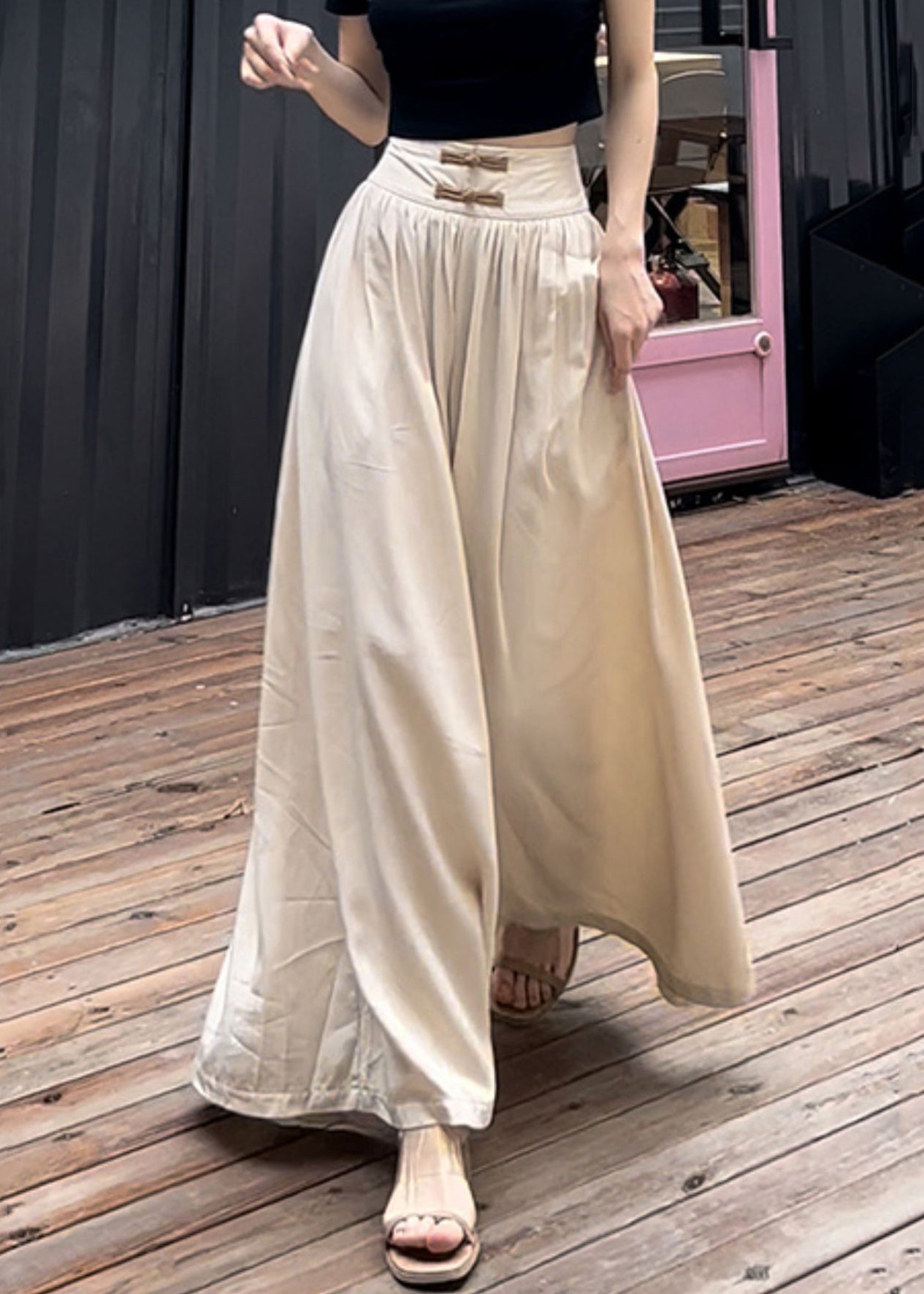 Apricot Wrinkled High Waist Cotton Pants Spring