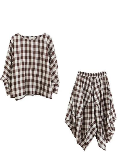 Art Black White Plaid Batwing Sleeve Two Piece Set Clothing Summer Cotton Linen