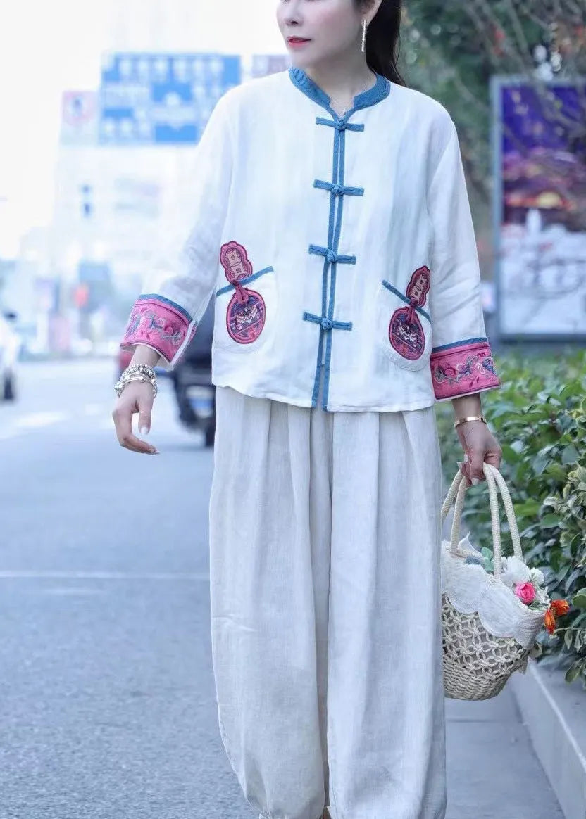 White Embroideried Linen Tops Long Sleeve