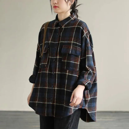 Navy Plaid Tunic Pattern Lapel Patchwork Knee Spring Top