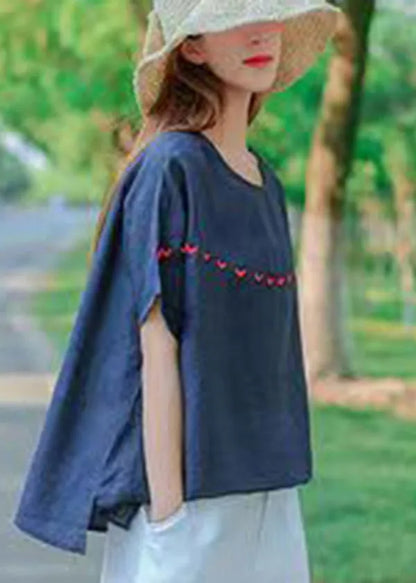 Navy O-neck Embroideried Cotton Tank Tops Short Sleeve