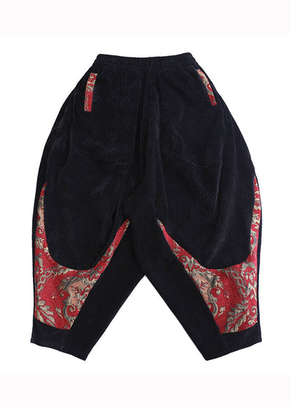 Black Pockets Embroideried Corduroy Lantern Pants Fall