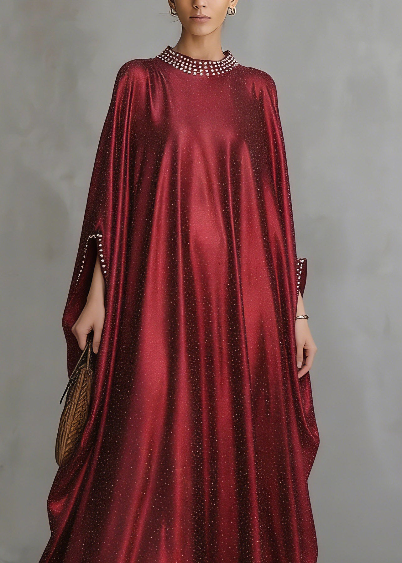 Red Patchwork Silk Maxi Dress Flare Sleeve