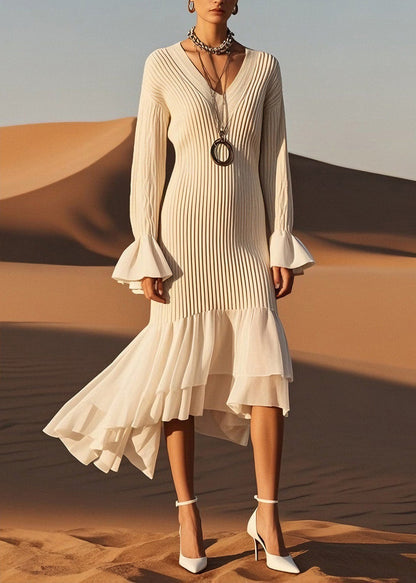 Classy V Neck Wrinkled Patchwork Knit Sweater Dress Spring