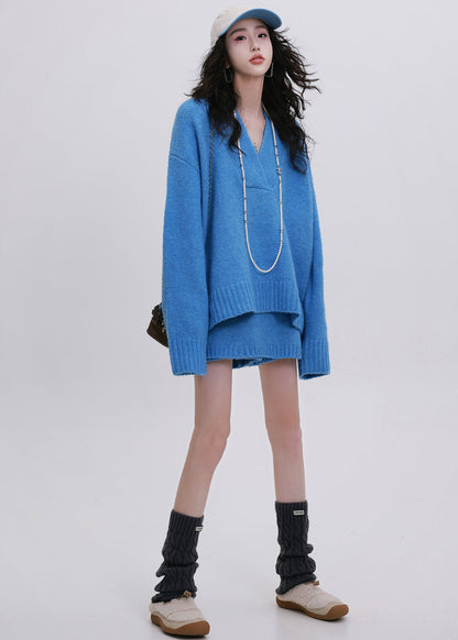 Diy Blue V Neck Asymmetrical Design Knit Two Piece Set Clothing Winter