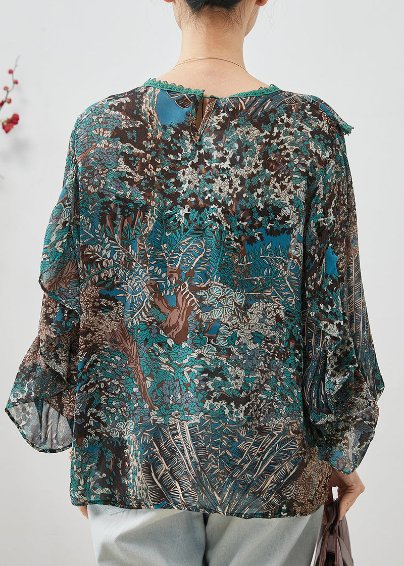 Green Ruffled Print Chiffon Tops Lantern Sleeve