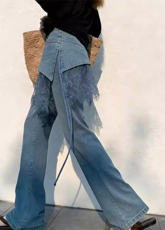New Blue High Waist Lace Patchwork Straight Jeans Summer