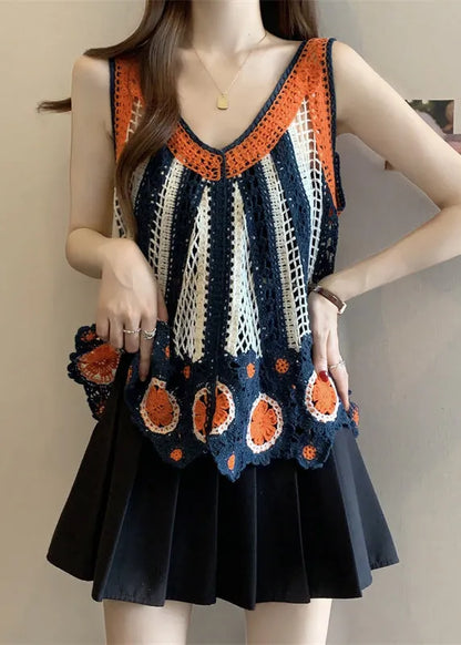 Italian Orange V Neck Knit Vests Summer
