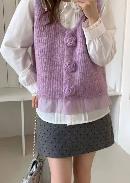 Purple Patchwork Knit Vests V Neck Decorated Spring