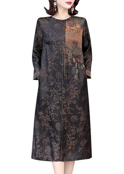 French Brown O-neck Patchwork Side Open Silk Long Dresses Fall