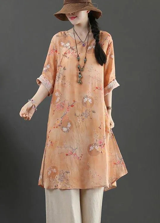 Orange Print Long Linen Top Summer