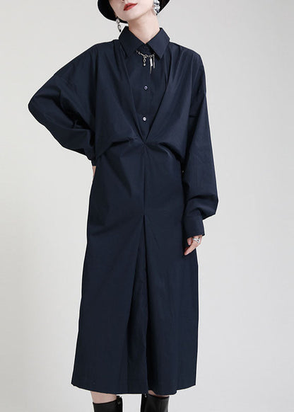 Navy Peter Pan Collarbuttonasymmetrical Design Fall Ankle Dress Long Sleeve