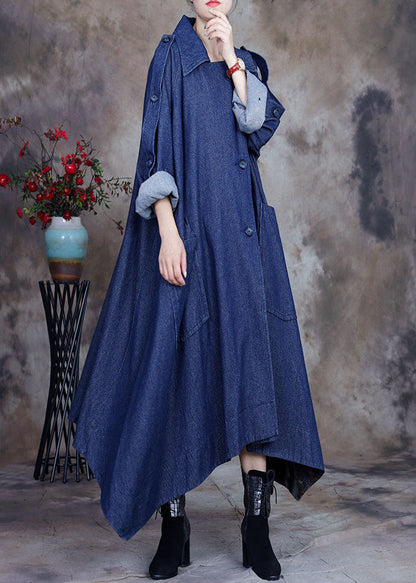 Blue Asymmetrical Design Button Peter Pan Collar Cotton Denim Trench Coats Spring