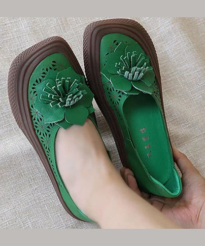 Handmade Hollow Out Green Cowhide Leather Flats Shoes
