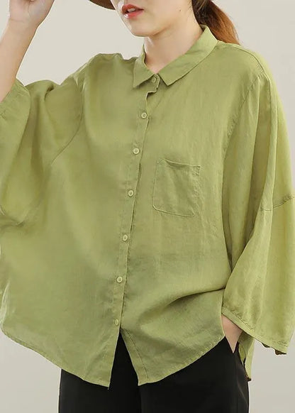 Boutique Orange Batwing Sleeve Peter Pan Collar Linen Blouse Tops Summer