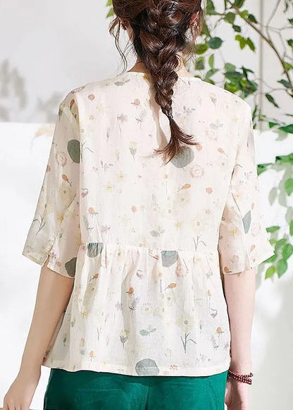 Classy Apricot Print Button Summer Ramie Half Sleeve